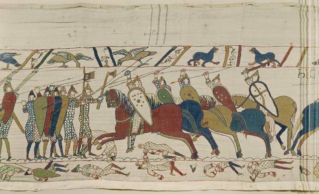 Identify the weapons used by Norman knights in this scene from the Bayeux Tapestry.