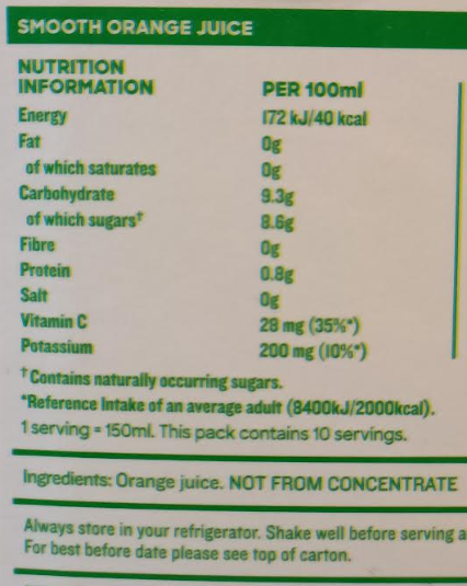 The image shows the label of a pack of orange juice. What information on the label tells us it is not chemically pure?