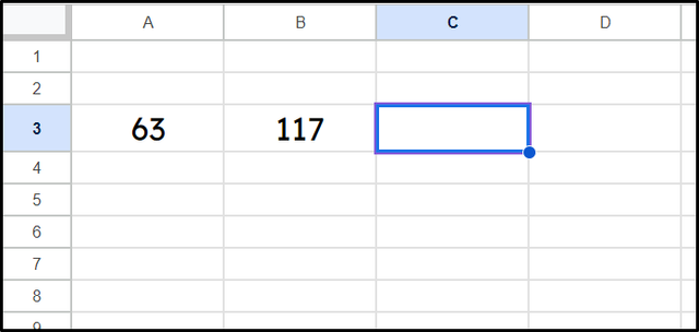 Which of these spreadsheet functions will correctly calculate 63 add 117 in the cell C3?