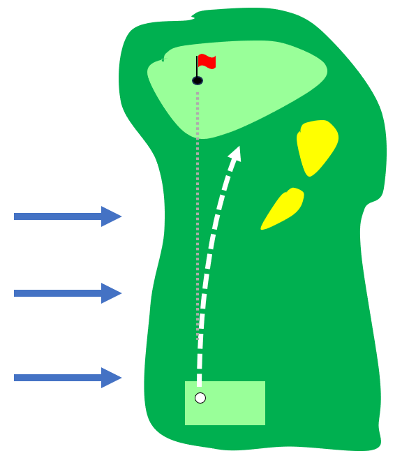 The path of a golf ball is shown. It was struck with a golf club but then blown off course by the wind. Sophia suggests using a heavier golf ball would help. Identify the false statement.