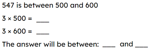 Estimate the numbers that the answer will be between for the value of the expression 547 × 3