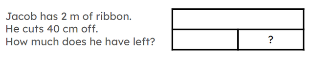 Look at this word problem and empty bar model. Match the given lengths to the whole or a part.