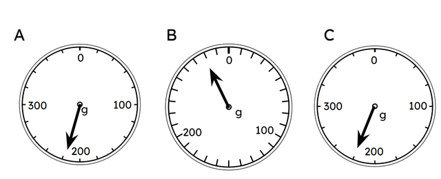 Starting with the smallest mass, put the scales in order of the mass they are showing.