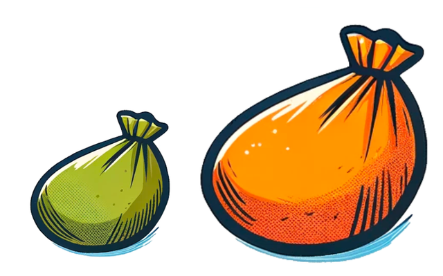 Look at these bags. Which has the greater mass?