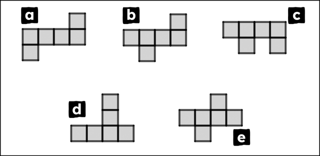 Each of these compound shapes are different arrangements of six congruent squares. Which of the compound shapes are nets of a cube?
