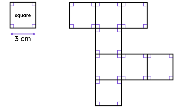 In this picture, the square on the left is congruent to each of the squares in the diagram on the right. The area of the diagram on the right is <span class="blank">______</span> cm².