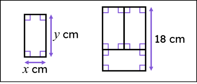 In this picture, the rectangle on the left is congruent to each of the three rectangles in the diagram on the right. The area of one rectangle is <span class="blank">______</span> cm².