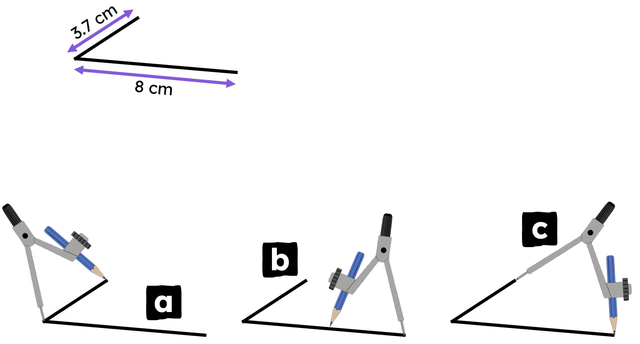 The two legs of the angle are different in length. Which compass placement is correct in order to create a pair of shorter legs of equal length?