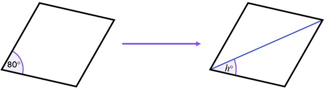 The rhombus on the right is congruent to the rhombus on the left, with one diagonal drawn. Which of these statements correctly describes the rhombus after its diagonal has been drawn on?