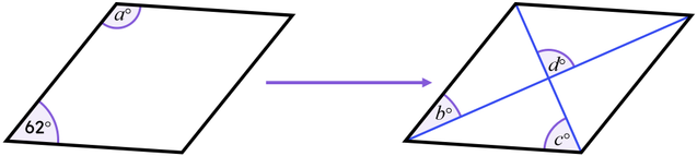 Both rhombi are congruent, with the right-hand rhombus having both diagonals drawn on. Match the angles in the rhombus to its size.