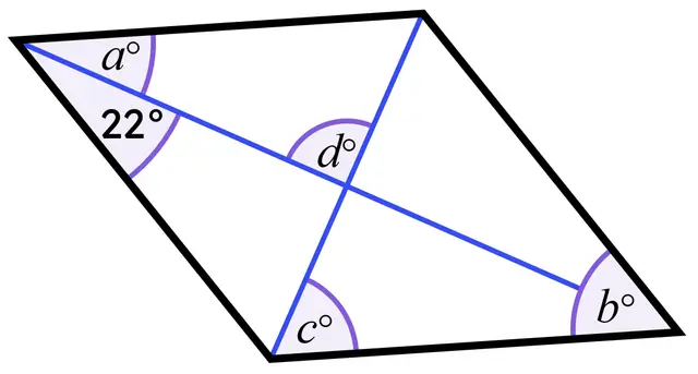 This quadrilateral is a rhombus with both of its diagonals drawn on. Match the angles in the rhombus to its size.