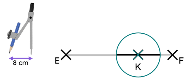 The line segment EF has been shortened by constructing a circle of radius 8 cm, with a centre at point K. What is the length (in cm) of the shortened line segment?