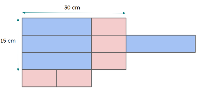 The larger blue rectangles are double the area of the smaller red rectangles. Calculate the area of a small red rectangle.