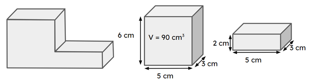 Jacob partitioned the compound shape into two cuboids. What is the volume of the smaller cuboid? <span class="blank">______</span> cm<Math>^3</Math>