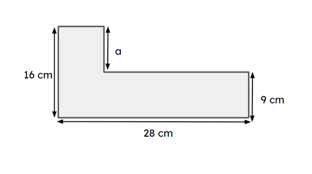 Look at this compound rectilinear shape. What is the size of missing side marked a? <span class="blank">______</span> cm