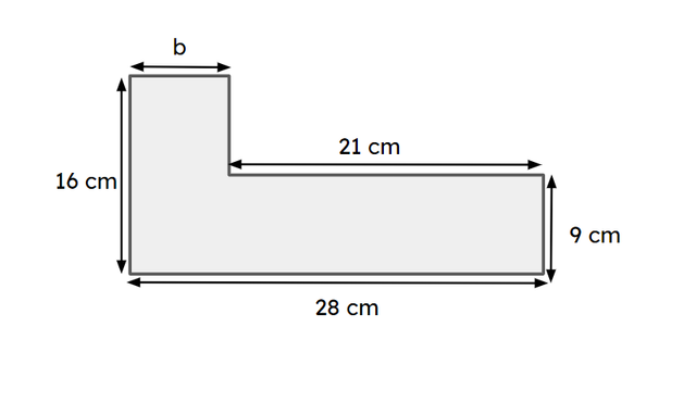 Look at this compound rectilinear shape. What is the size of missing side marked b? <span class="blank">______</span> cm