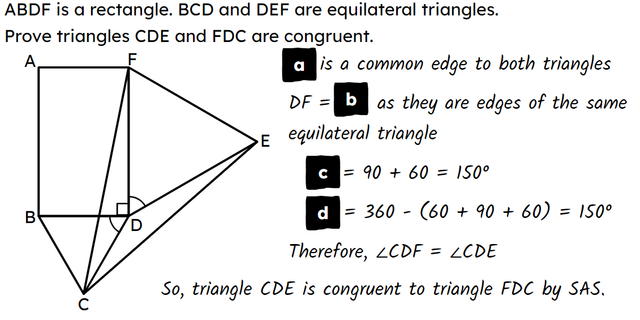 Matching a, b, c and d to the correct statements to complete this congruence proof.