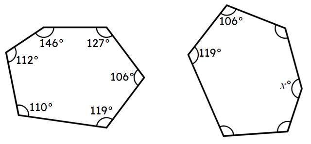 The image shows two congruent hexagons. What is the size of the angle <Math>x°</Math>?
