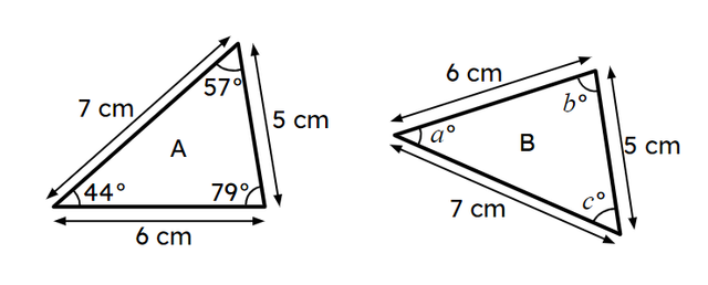 Triangles A and B are congruent. Match each unknown angle from triangle B with its size.