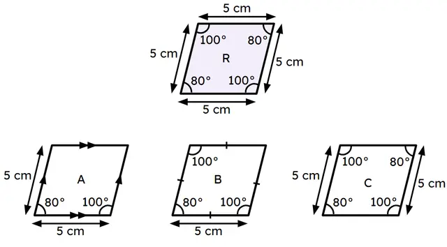Shape R is a rhombus. Which quadrilateral is not congruent to shape R?