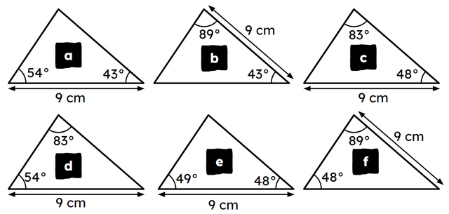 Match each triangle on the top row to the triangle on the bottom row that it is congruent to.