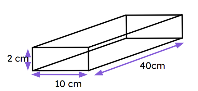 The box is 40 cm long, 10 cm wide and 2 cm deep. What is the volume of the box? <span class="blank">______</span> cm<Math>^3</Math>