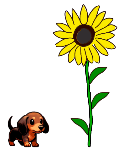 Compare the height of the tree and the sunflower and the height of the dog. Which sentences could describe the image?