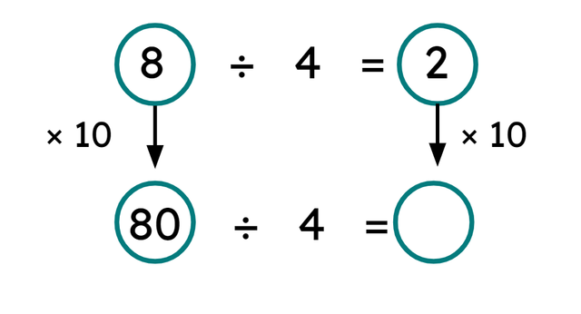 Fill in the gap in this diagram showing related facts.  80 ÷ 4 = ___