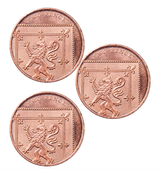 Three two-pence coins
