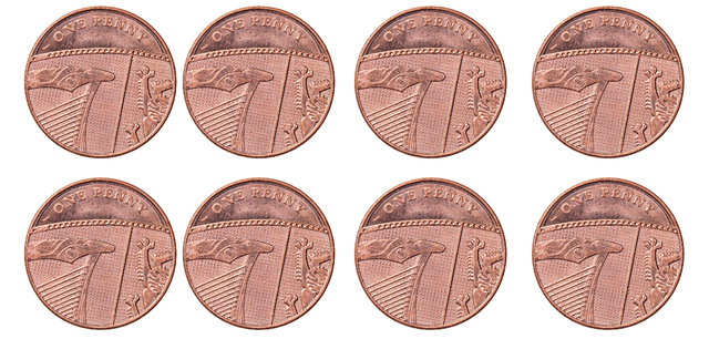 How many two-spot tokens would show the same value as this set of one-pence coins?