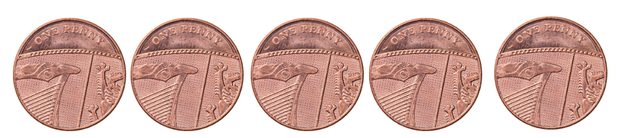 Five 1 p coins