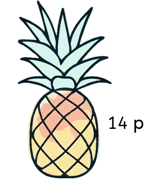Which set of 2 p coins could you use to pay for the pineapple?