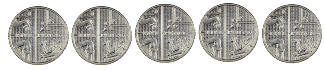 How many five-spot tokens would be needed to represent the coins shown?