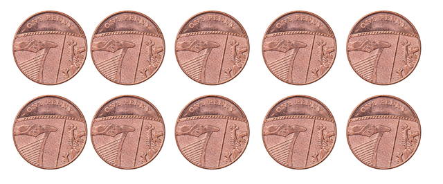 How many 2 p coins would have the same value as this set of 1 p coins? <span class="blank">______</span> 2 p coins.