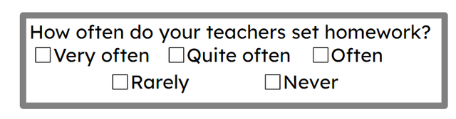 The Oak Headteacher wants to find out how much homework the teachers set. The Headteacher designs this question. What is wrong with their question?