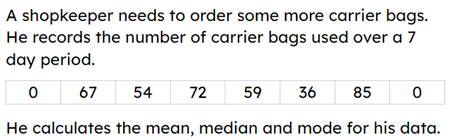 Which of the measures of central tendency would be the most appropriate measure for the shopkeeper to use to know how many carrier bags to order?