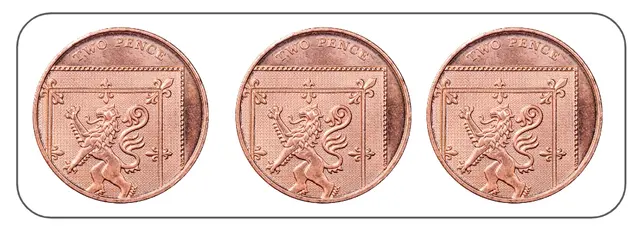 Three 2 pence coins