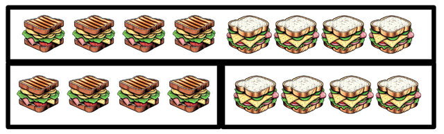 Look at this image showing cheese sandwiches and ham sandwiches. 
Which sentences are true?