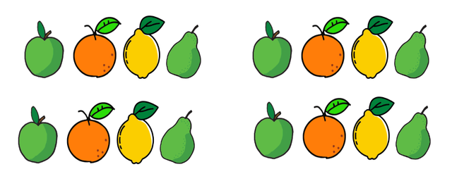 Look at the image which shows 2 groups of 8 pieces of fruit. Which set of expressions complete the sentence? That is the same as ___ × ___ or ___ + ___