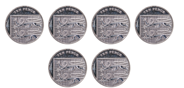There are six, 10 p coins. What multiplication equation can you write to find out the total value of the six coins?