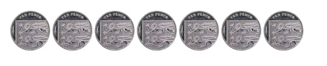Jacob has these 10 pence coins. What could he skip count in to find the total value?