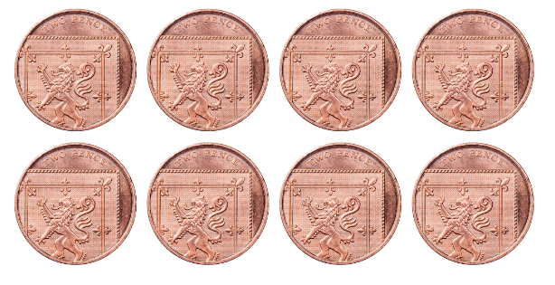 There are eight, 2 p coins. What multiplication equation can you write to find out the total value of the eight coins?