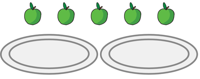 There are 5 apples in the whole group.
How can we split the group into two parts?
Match the parts to make 5