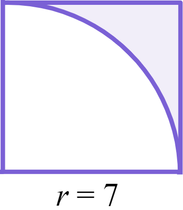 A quarter circle with radius 7 overlaps a square of length 7. Which of these calculations will give the shaded area?