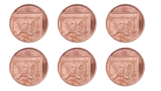 There are six two pence coins.  The total value is <span class="blank">______</span> p.