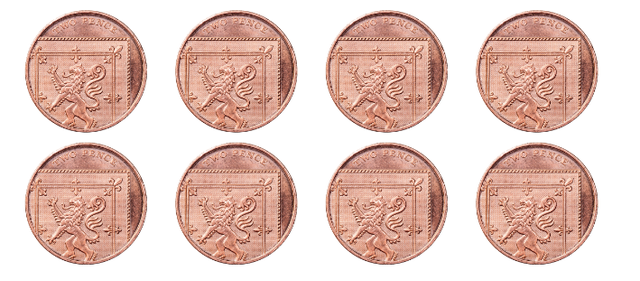 There are eight two pence coins.  The total value is <span class="blank">______</span> p.