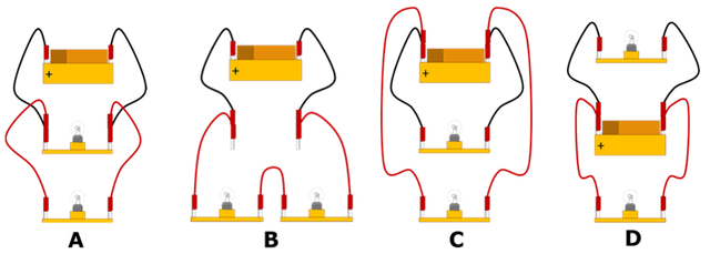 Which of the circuits shown, A, B, C, or D, is the odd one out?