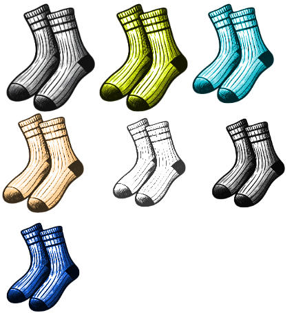 This image shows 7 pairs of socks. There are 14 socks. Match the parts of the story to the correct word.