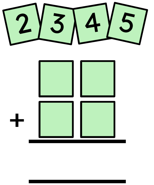 Use the digit cards. Set them out to make two 2-digit numbers. (Only use each digit card once.)
What is the smallest sum you can make?