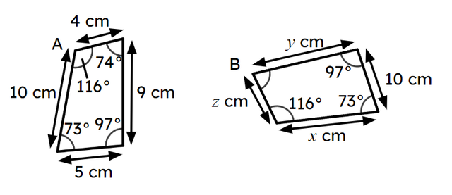 Quadrilaterals A and B are similar. The length of the side marked <Math>y</Math> is <span class="blank">______</span> cm.